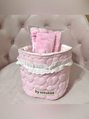 Pink fabric heart pattern lace trim makeup skincare storage basket organizer